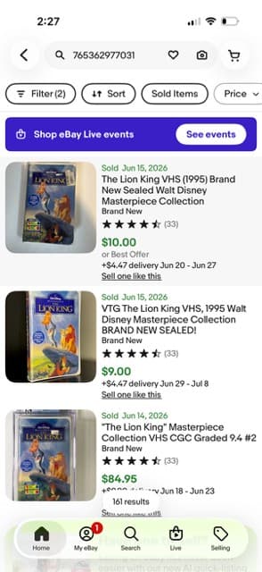 Recently sold listings in eBay app