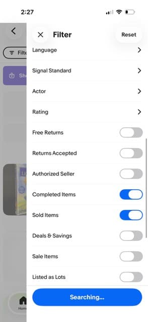 Sold and completed items toggle in eBay app