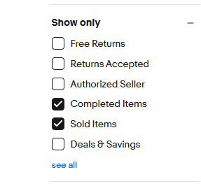 eBay sold and completed items filter